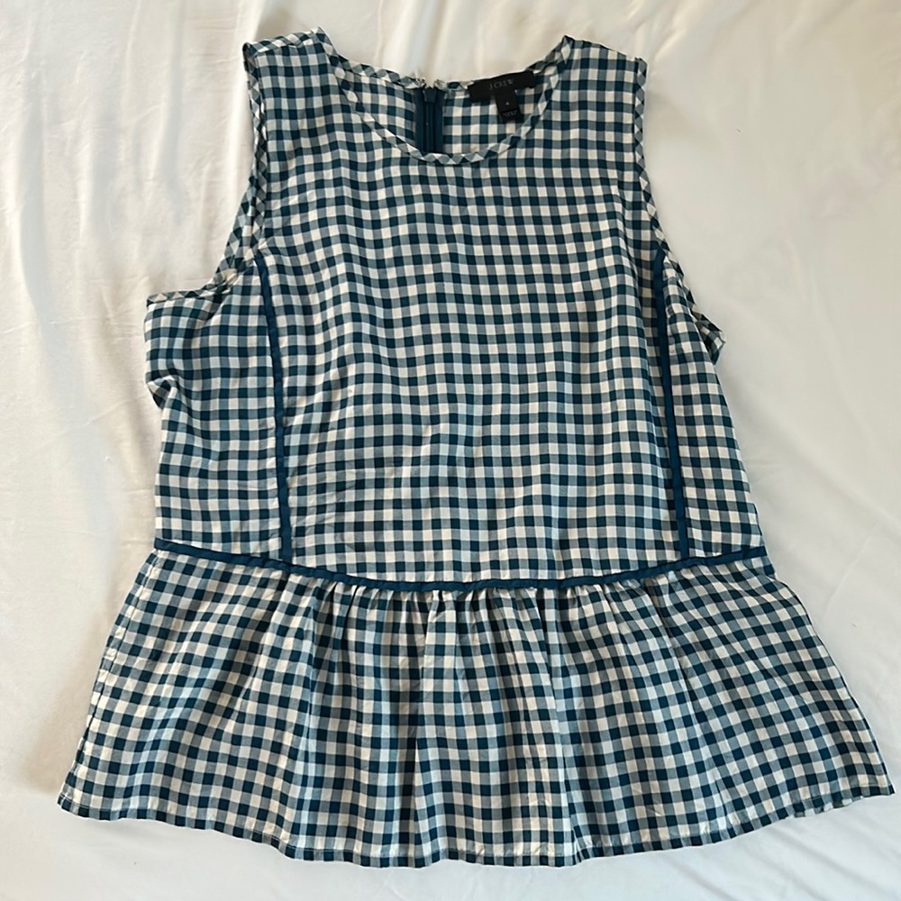 J. Crew Gingham Print Silk Blue Ruffle Hem Top